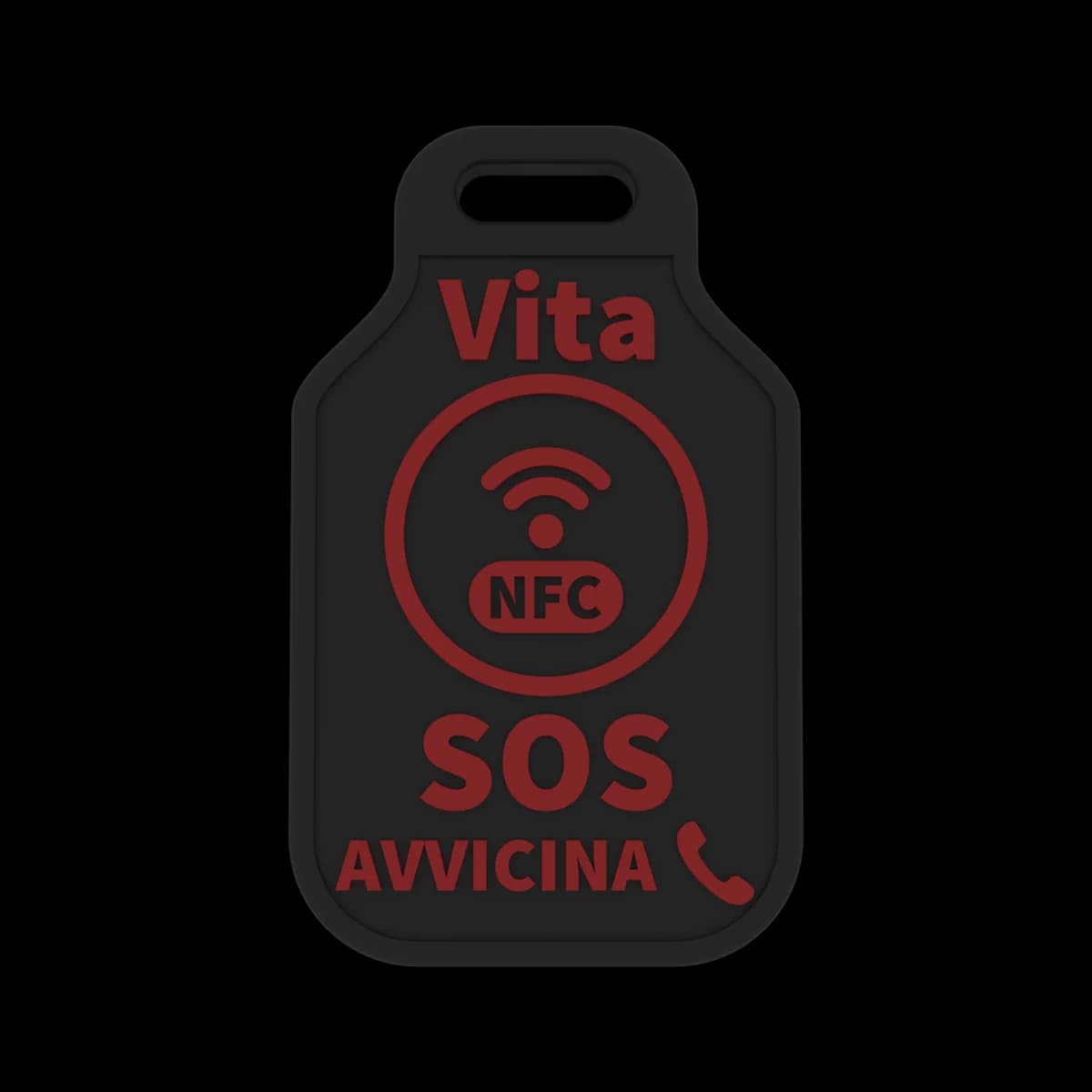 Portachiavi VitaNFC nero con scritte in rilievo rosse: Vita, simbolo NFC, SOS AVVICINA